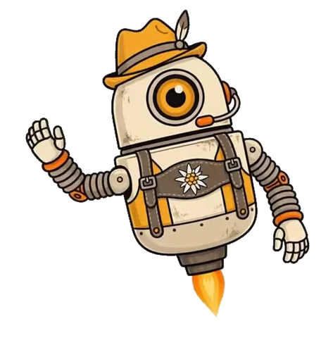 Practice Partner bot wearing a hat and lederhosen