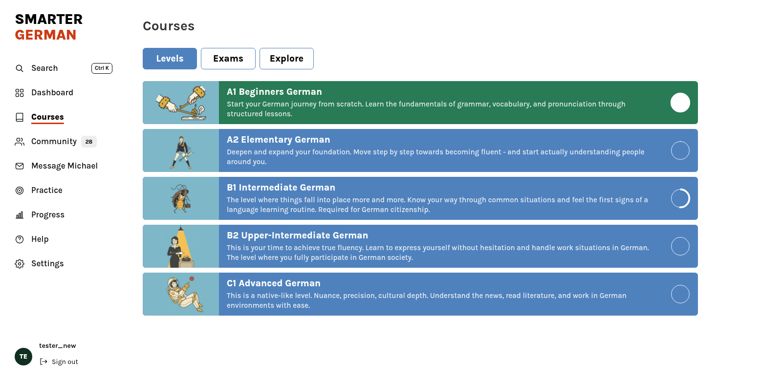SmarterGerman course catalogue with the A1 to C1 levels and the tester_new footer.