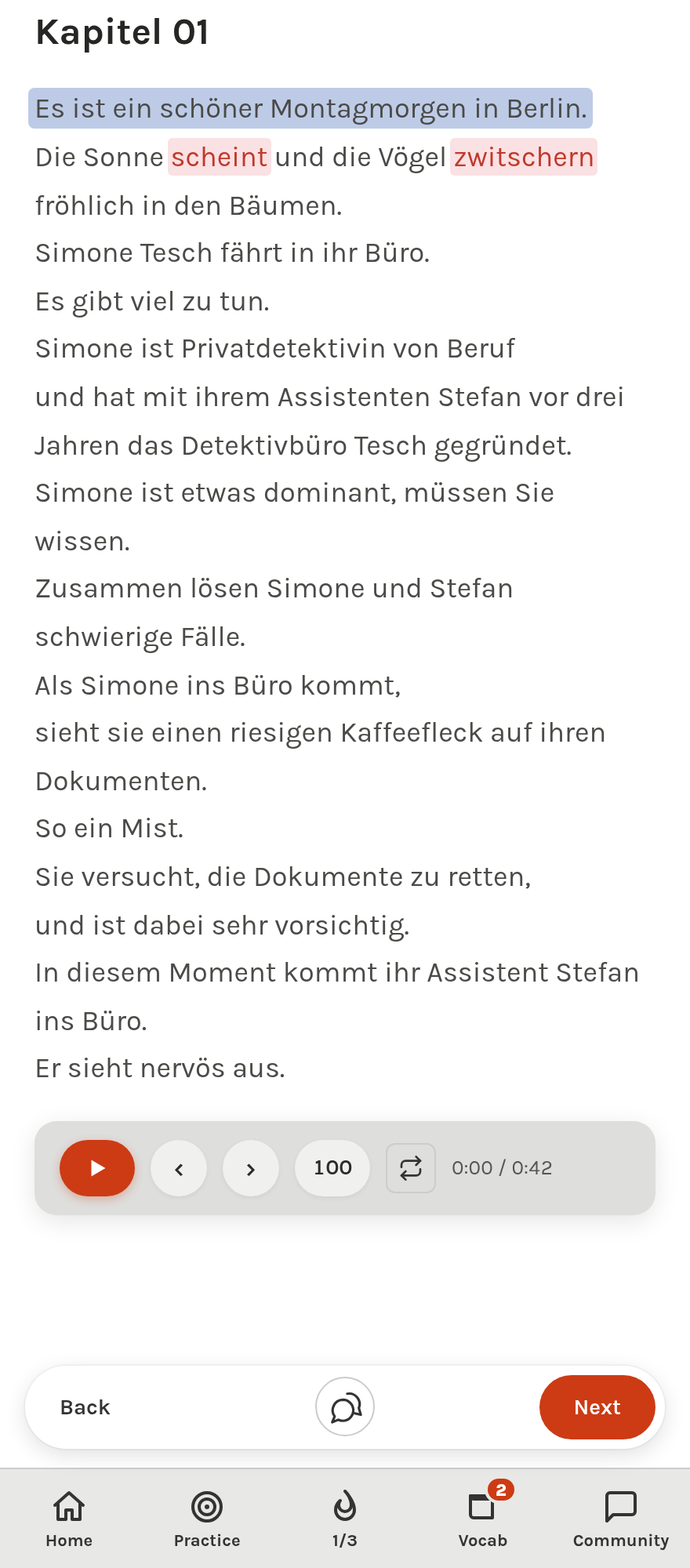 The same chapter in the new mobile browser interface, with vocabulary and audio tools.