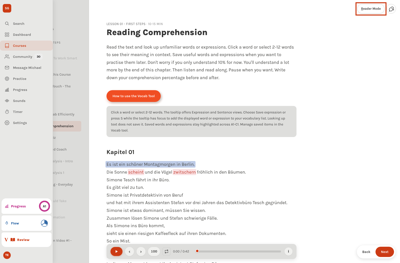 The same reading lesson with expanded navigation and the Reader Mode button framed.