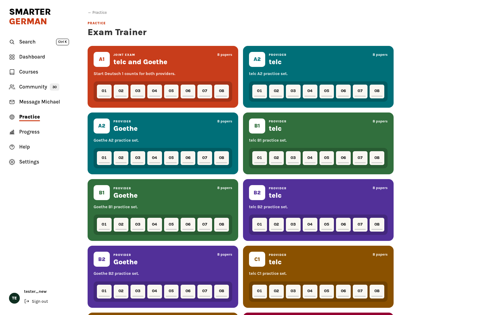 The Exam Trainer overview for selecting a practice paper.