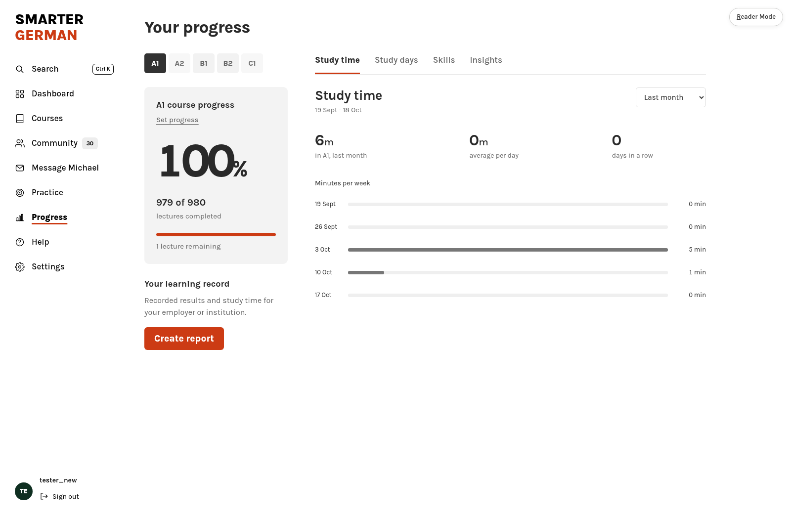 Progress page showing course completion and study activity.