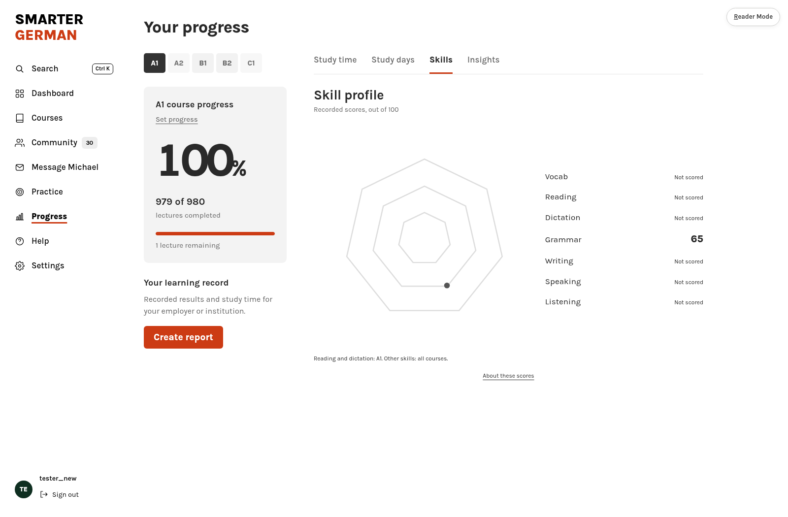 The Skills tab of the Progress page.