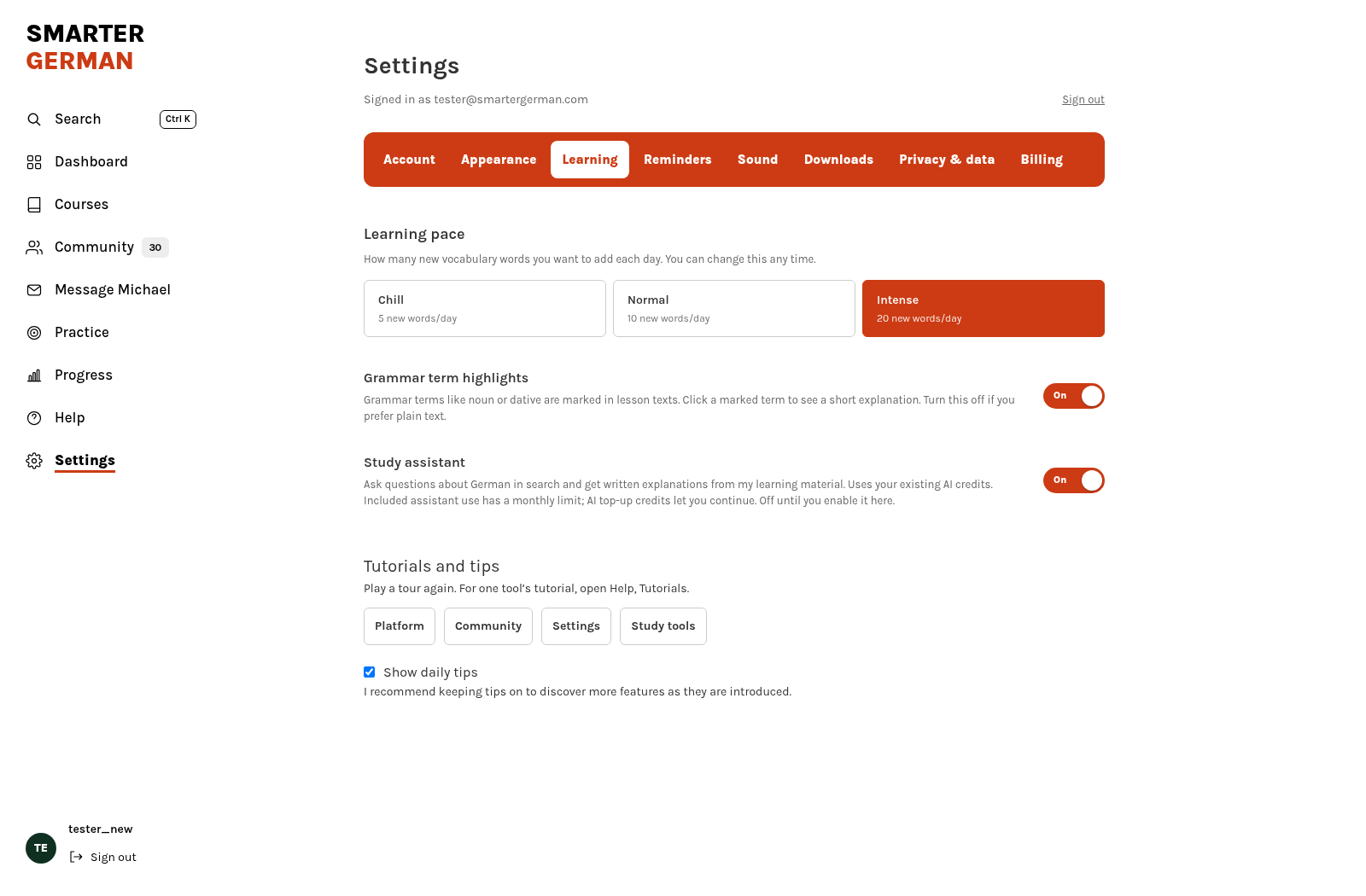 Learning settings including vocabulary pace, grammar term highlights and the optional study assistant.