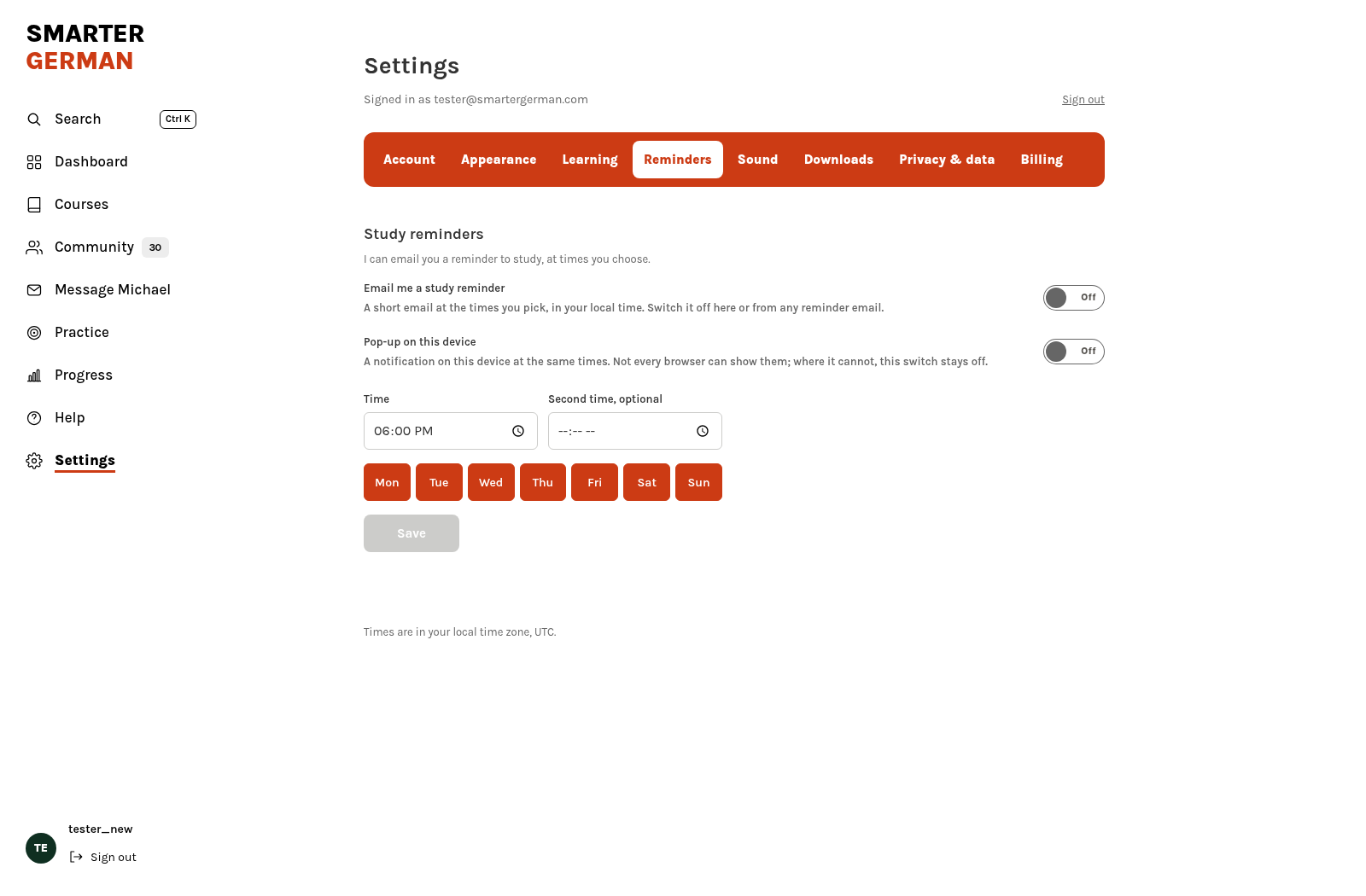 Settings for study reminders.