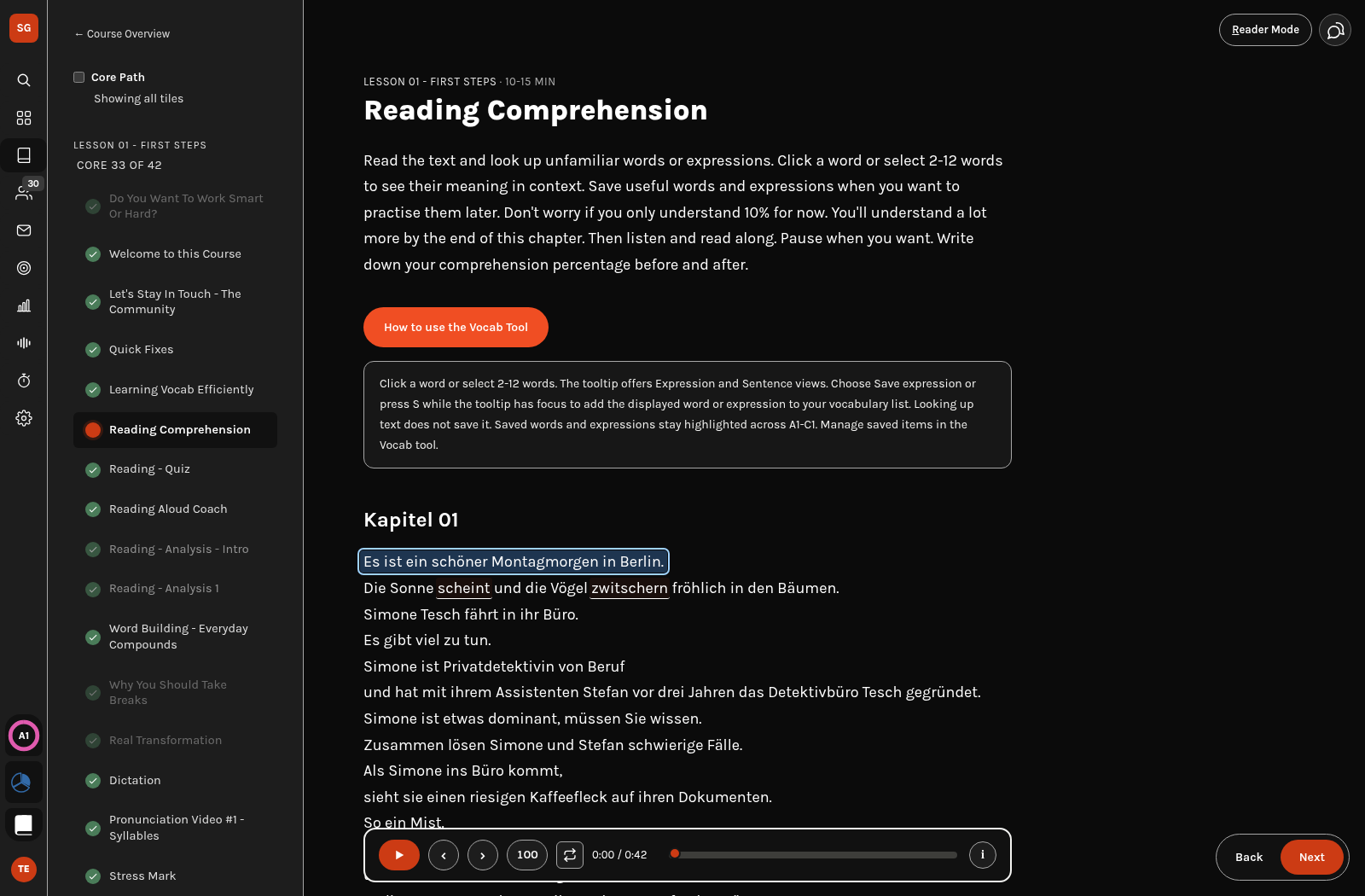 The same A1 reading lesson in dark appearance.