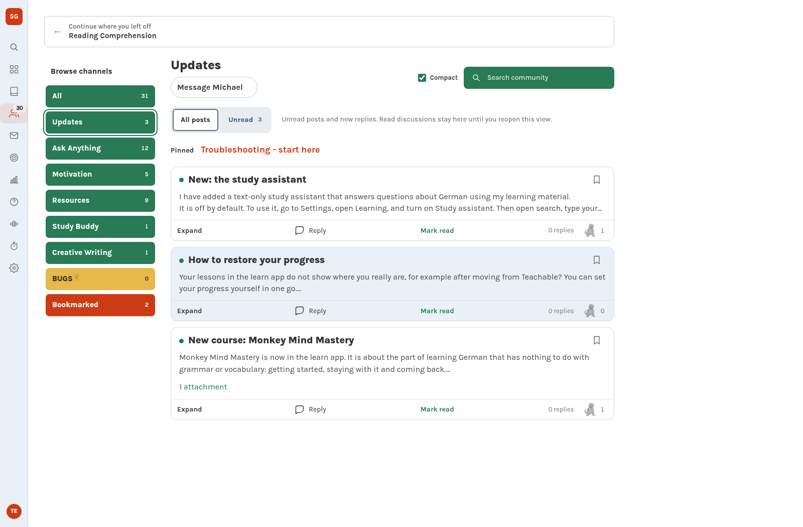 The new community Updates feed with channels for questions, motivation, resources, study partners and creative writing.