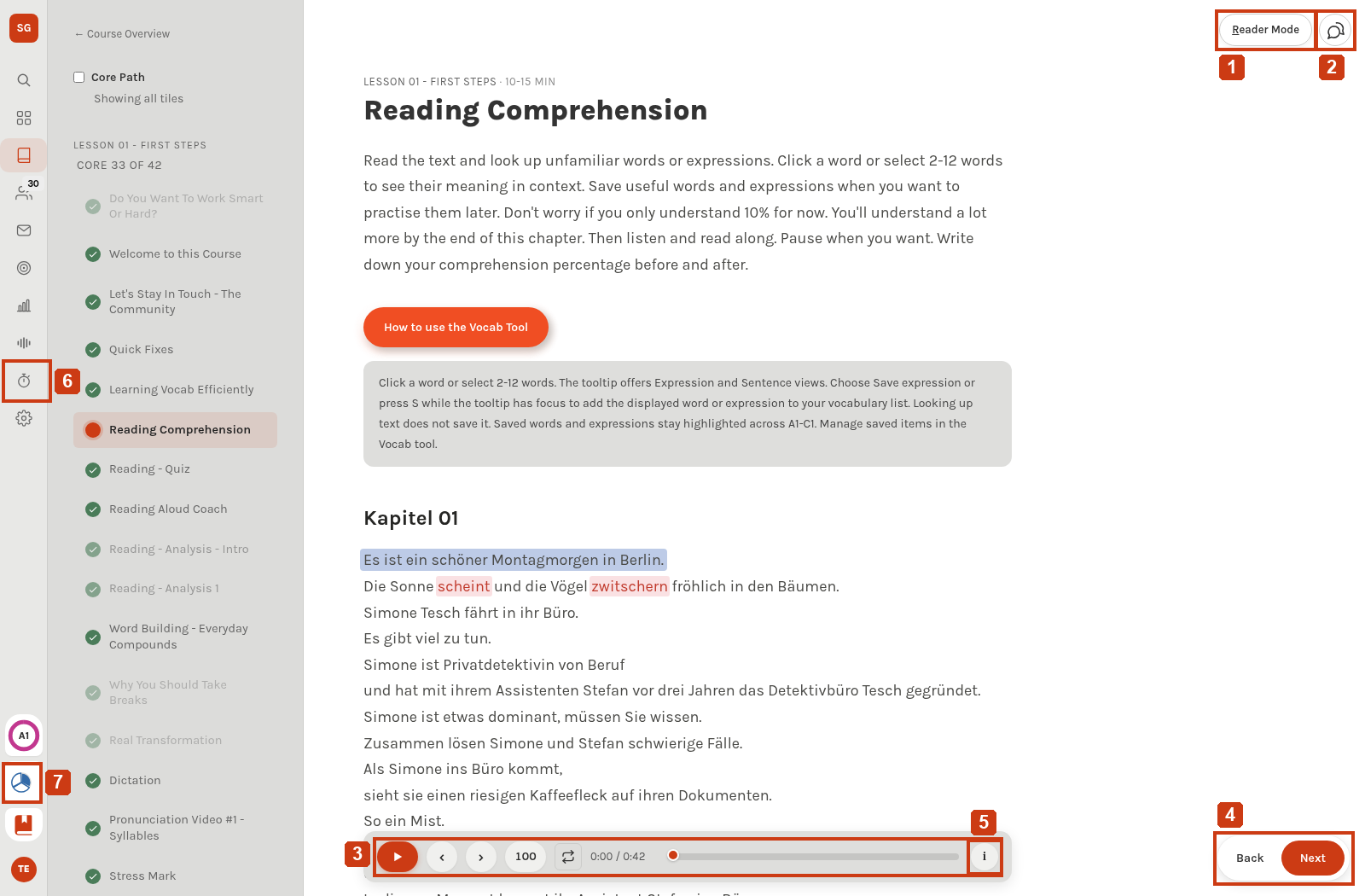 The reading lesson with frames marking its audio player, lesson navigation, Reader Mode, discussion, timer and Flow controls.