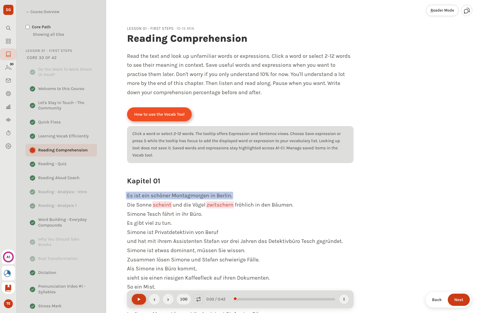 The A1 reading lesson in light appearance.