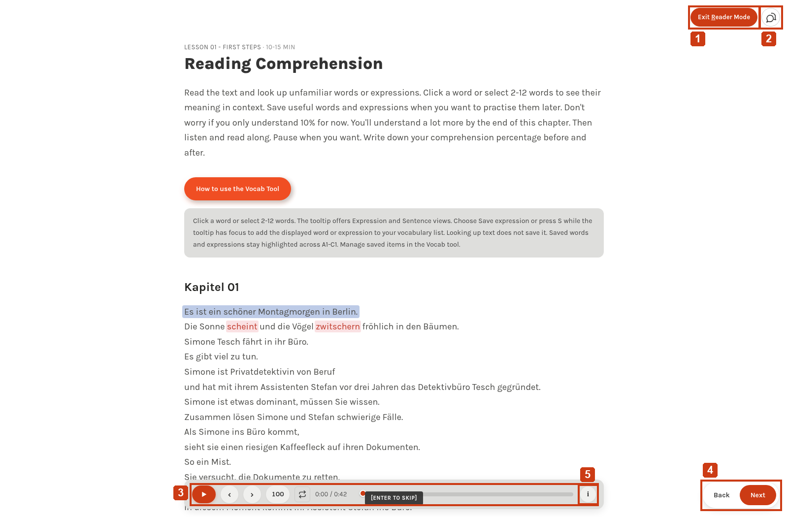 Reader Mode with the navigation hidden and the floating audio and lesson navigation still available.