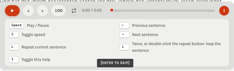 The reading audio player with its keyboard shortcut guide open.