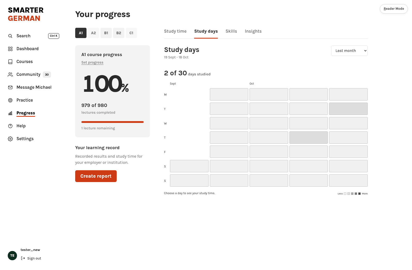 The Study days tab of the Progress page.