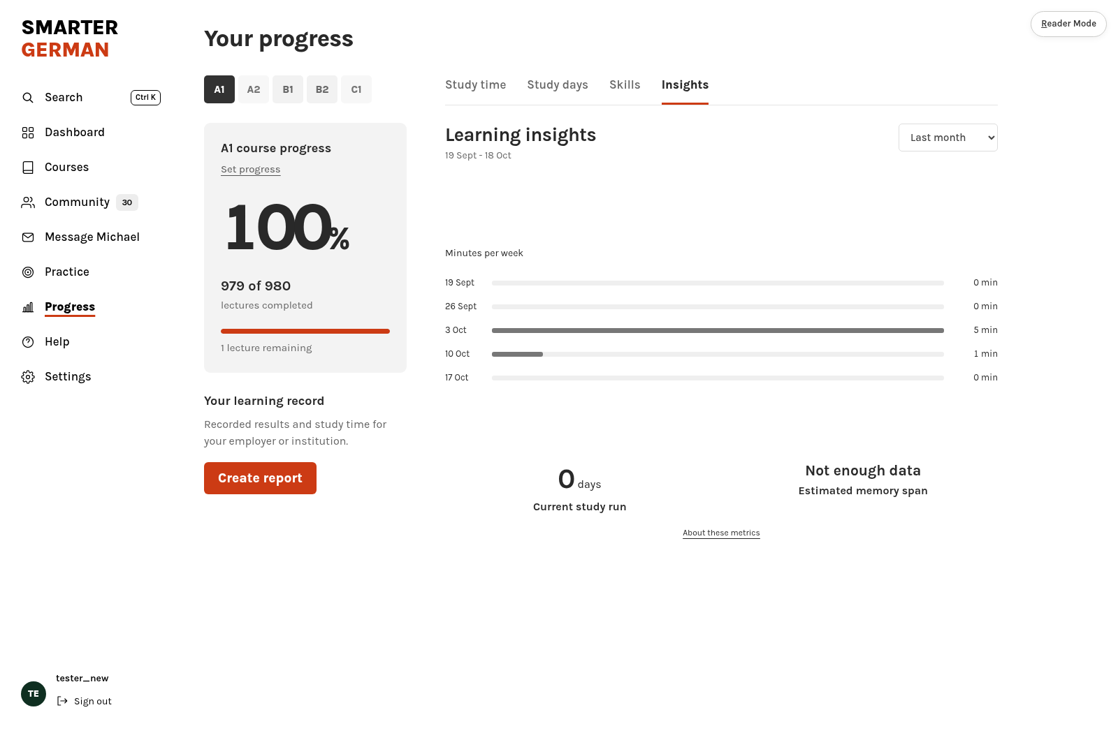 The Insights tab of the Progress page.