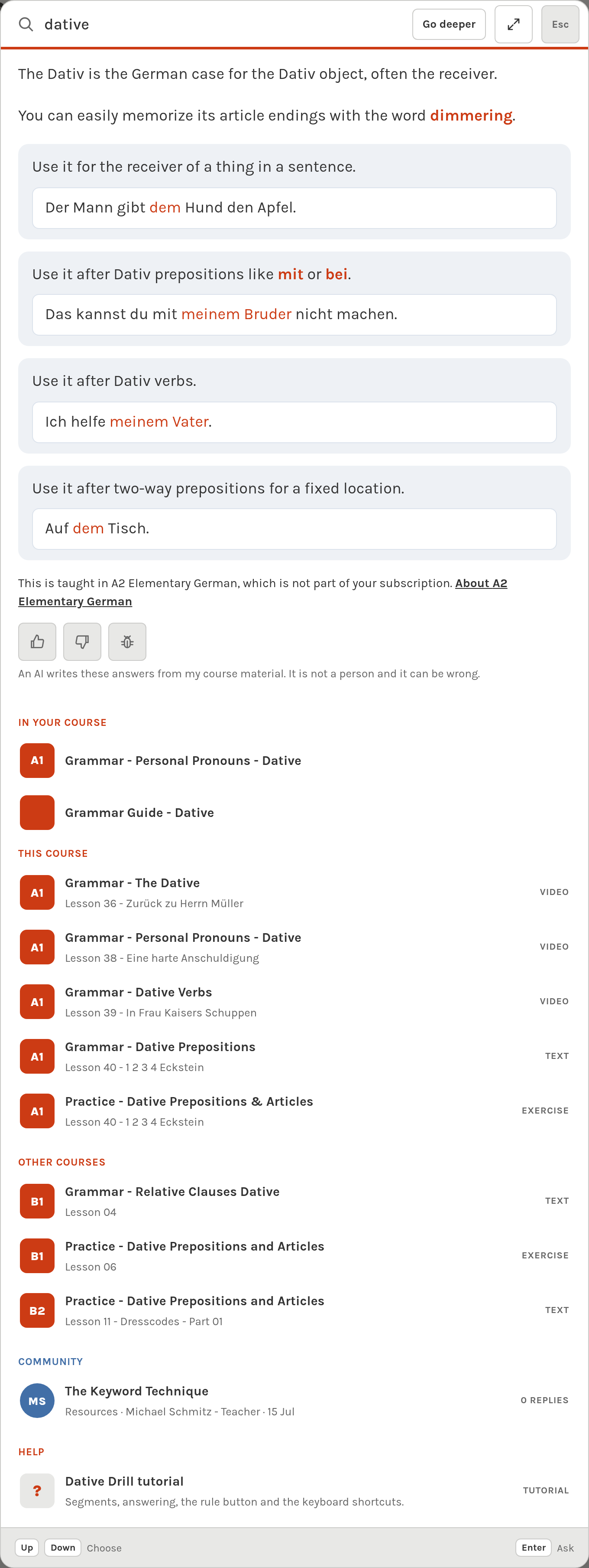 A live study-assistant answer about the dative above relevant course explanations and exercises in the search window.