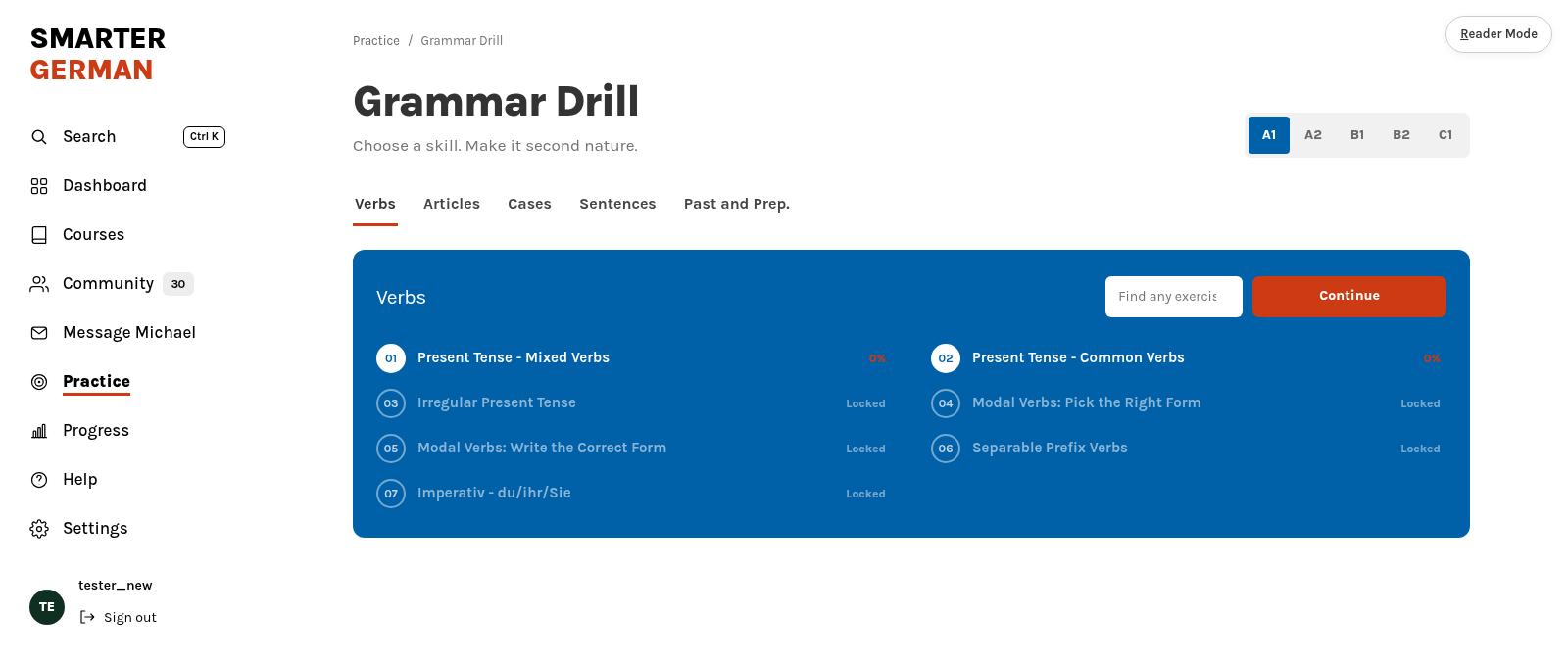 The Grammar Drill overview with A1 to C1 level choices, grammar categories and the A1 verb exercises.