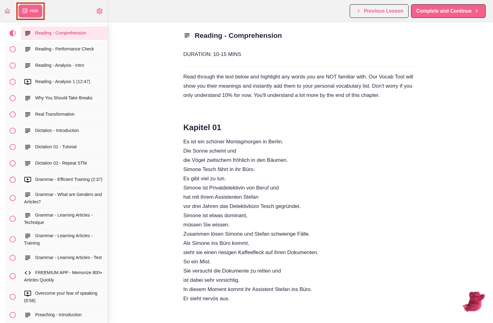 The old A1 reading lesson with its Hide sidebar button framed.