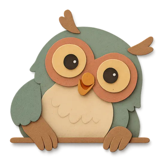 The Article Buster owl mascot in cut-paper style
