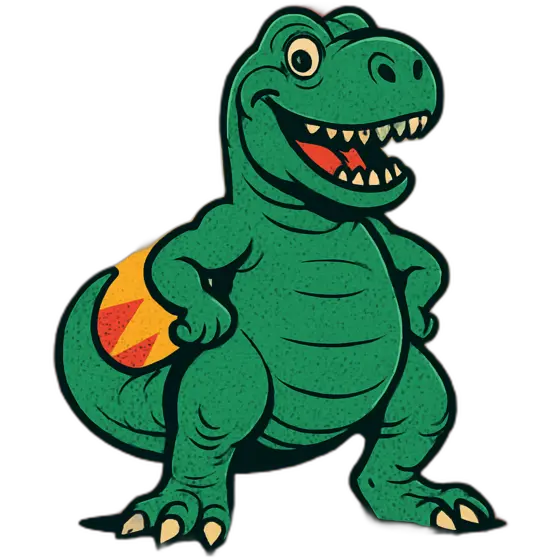 The Dative Doctor dinosaur character in retro comic style