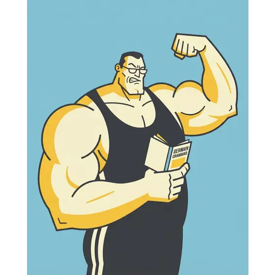The SmarterGerman Grammar Genius character flexing while holding a German grammar book