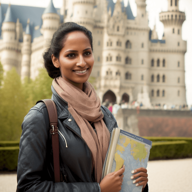 A young woman from India standing in front of an iconic German landmark the Neuschwanstein Castle with a determined expression, holding a briefcase in one hand and a map in the other. The background is blurred to emphasize the subject, who represents the journey of pursuing a career in a foreign country. The overall look and feel of the image conveys excitement, determination, and a sense of exploring new opportunities.
