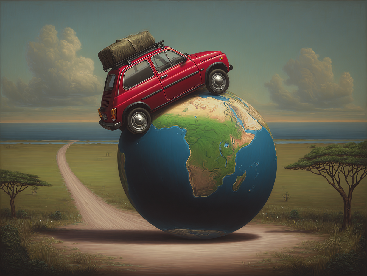 A tiny red car driving over a huge globe towards Uganda
