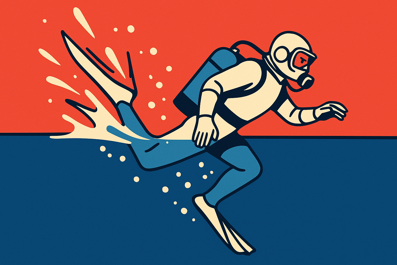 a diver with fins jumping into water